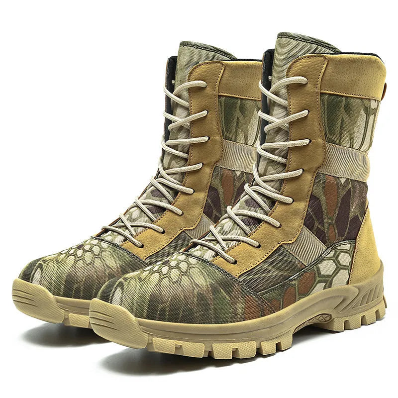 Men's black and camouflage high-top combat boots with mesh upper and totem detailing.