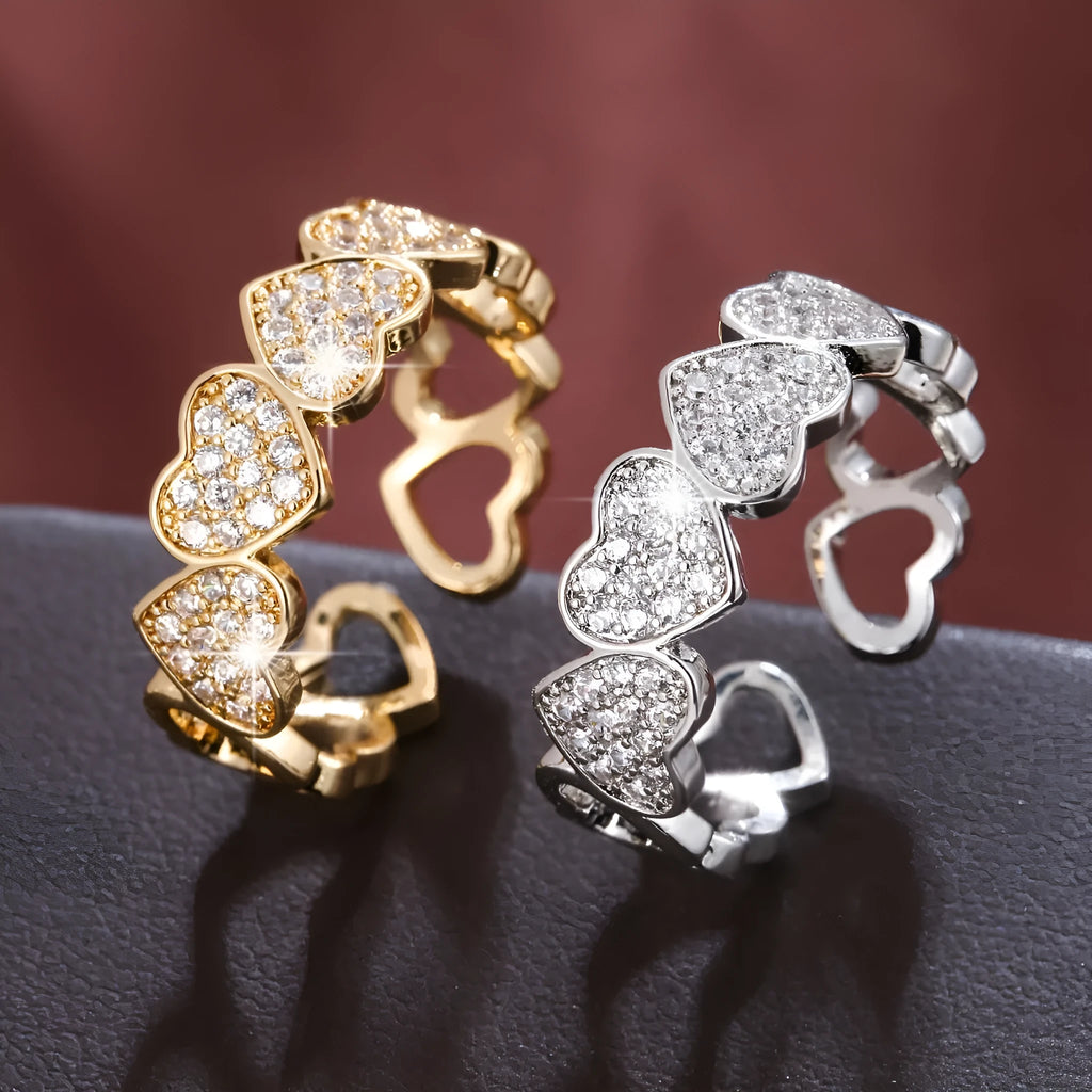 Adjustable open band couples ring with geometric heart design in gold or silver finish