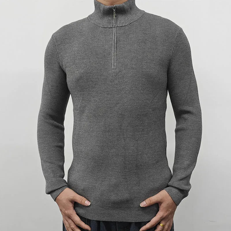 Men's half-turtleneck zip-front sweater in a cotton blend fabric, shown in one of five colour options.