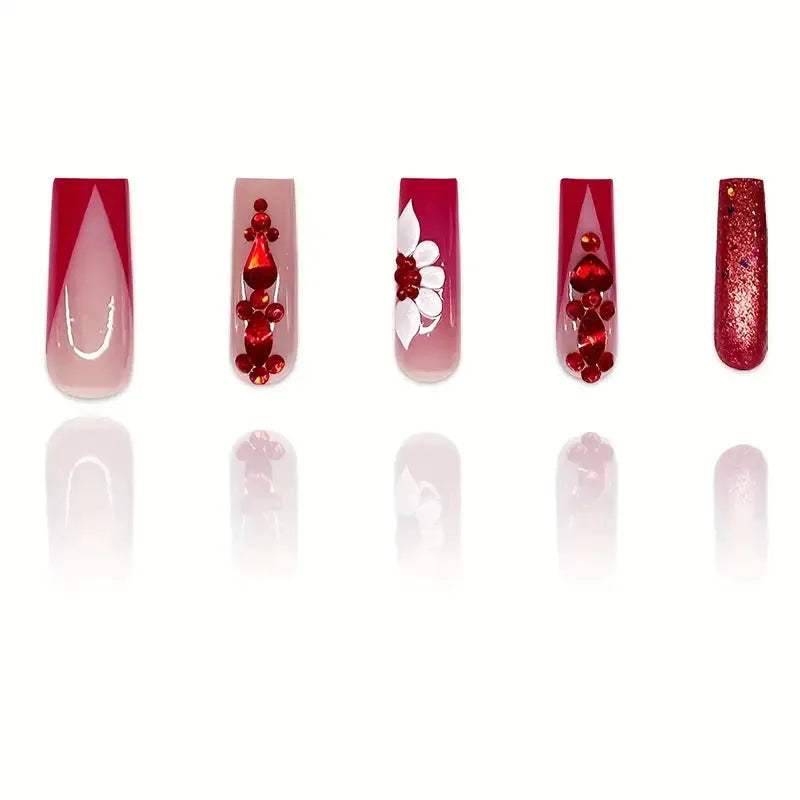 Sweet floral pattern artificial nails with red diamond decoration in European square long shape