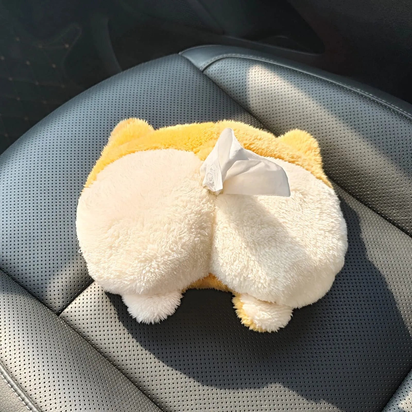 Soft yellow Corgi butt shaped tissue box cover with elastic strap for car sun visor
