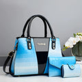 Women's three-piece shoulder bag set with crocodile stitching showing main bag, small bag, and card bag