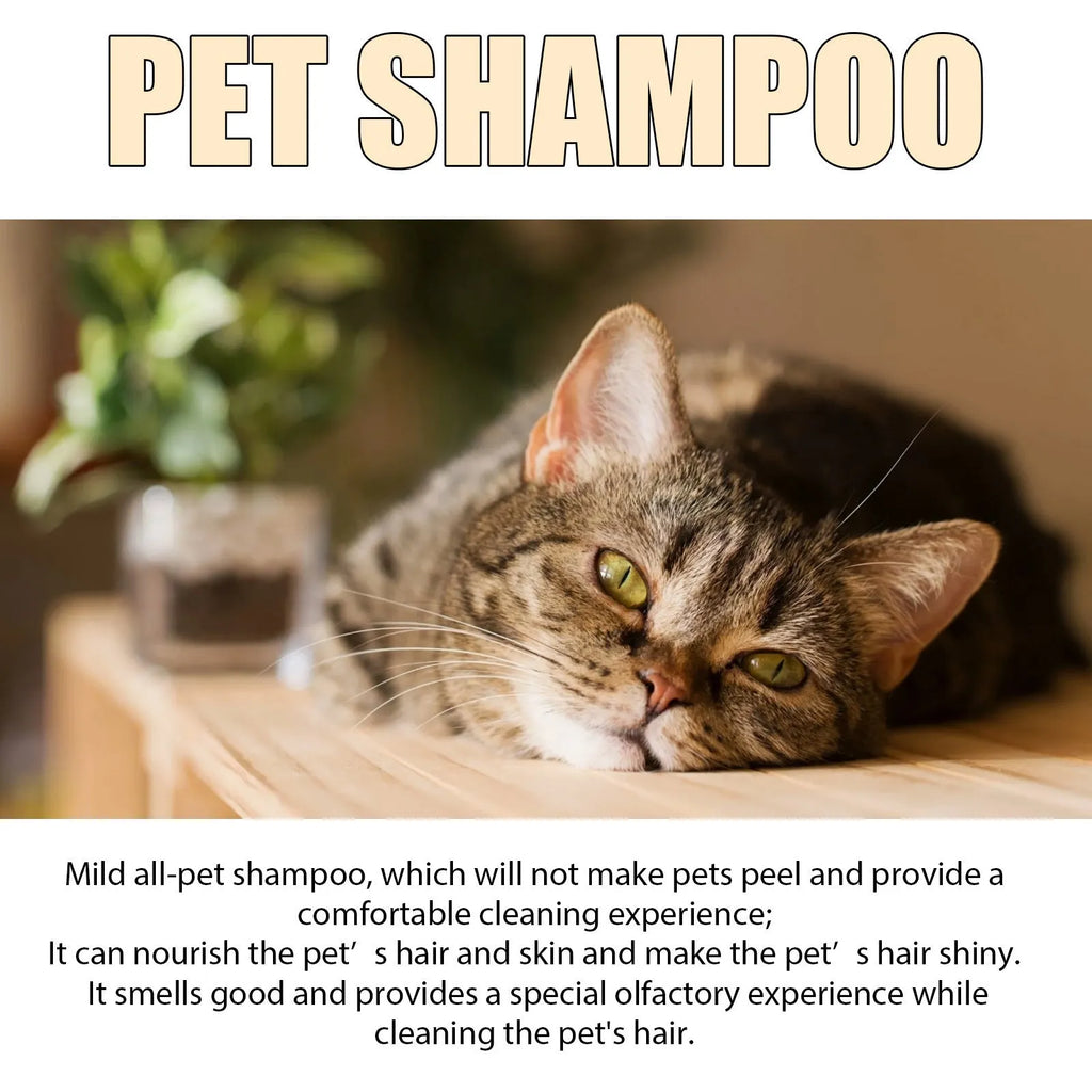 Mild pet shampoo bottle for cats and dogs in 100ml and 300ml sizes