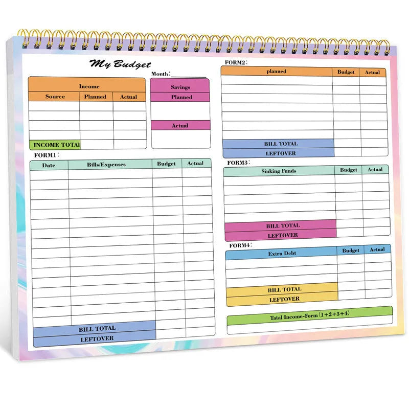 B5 size spiral-bound budget notebook with a PP plastic cover, open to show lined pages.