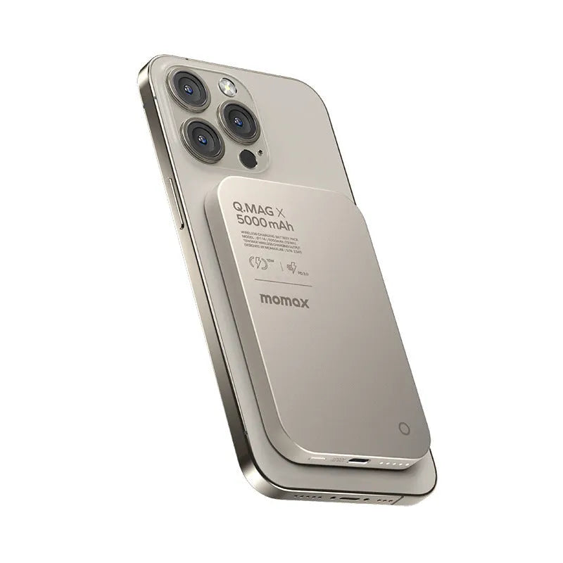 Magnetic wireless power bank with alloy casing in Titanium Gold and Black colour options