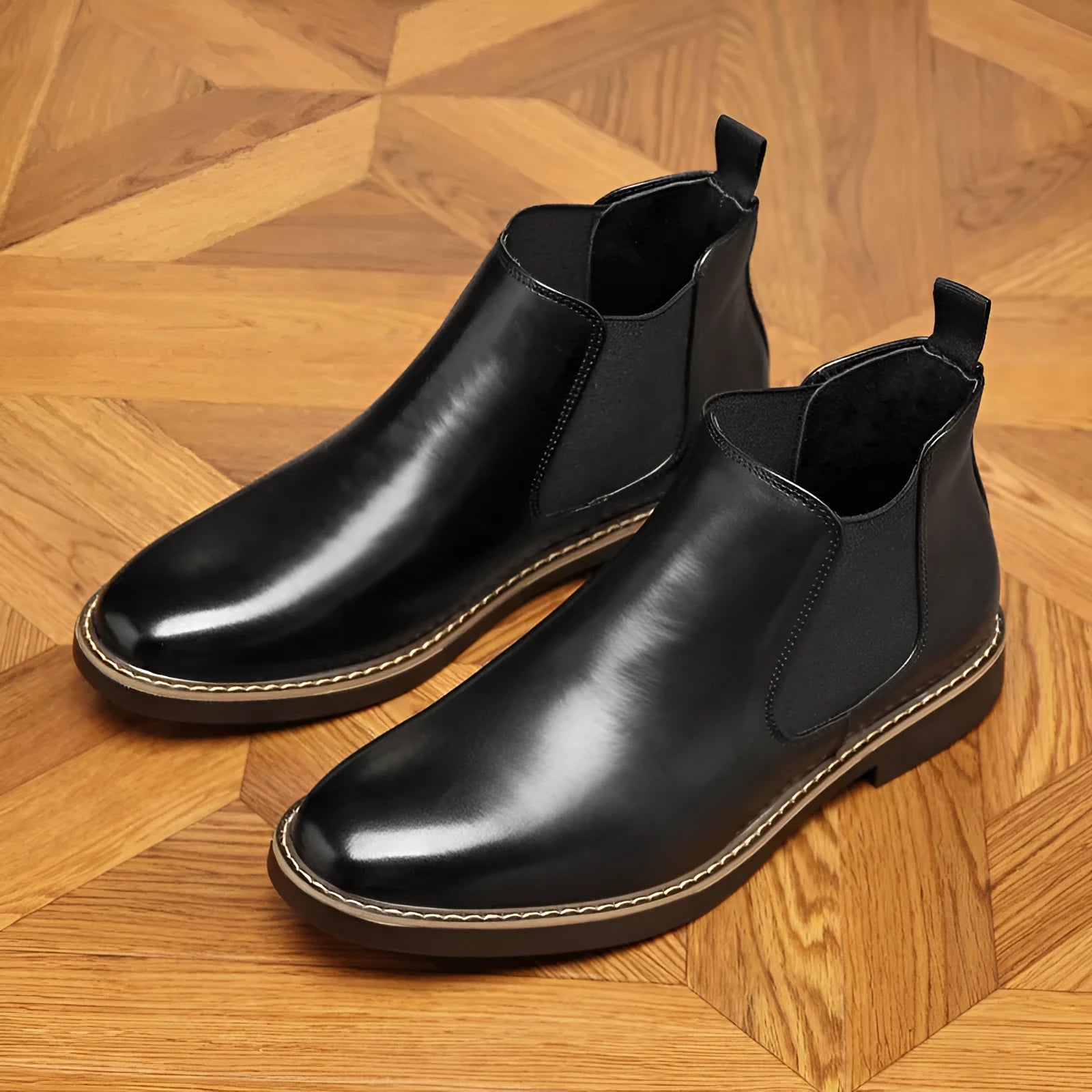 Men's formal black leather pointed-toe boots with a square heel on a white background