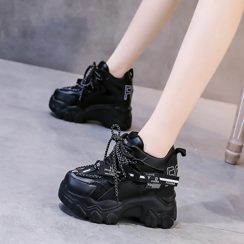 Women's white breathable mesh platform sports shoes with cross strap and round toe