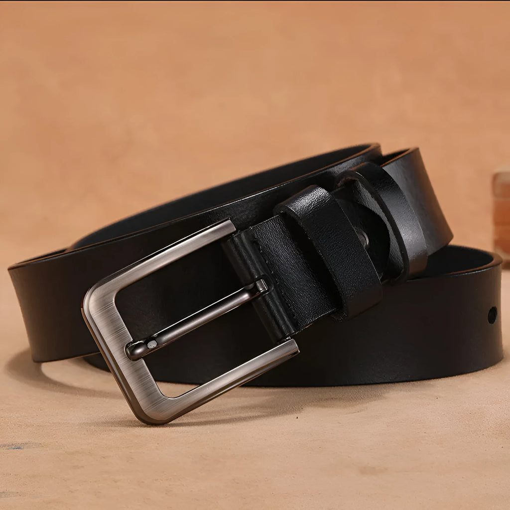 Square head pin buckle jeans strap belt in black or brown with alloy buckle and adjustable sizing