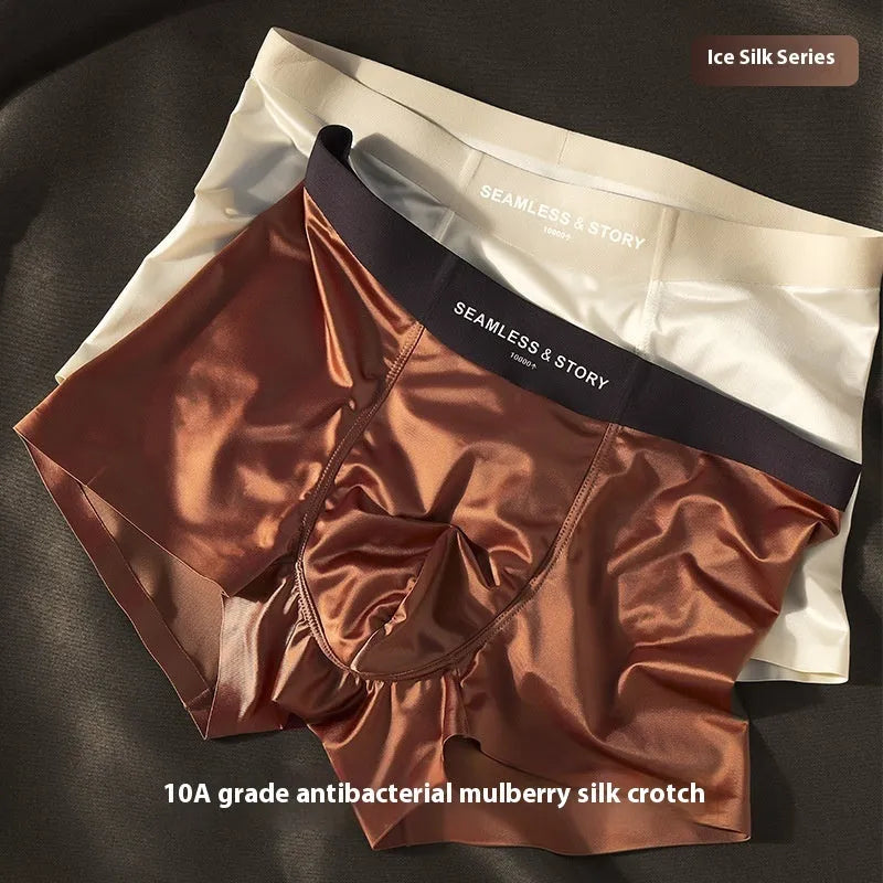 Men's ice silk satin underwear in mid waist cut showing coffee, light grey, white and blue colour options