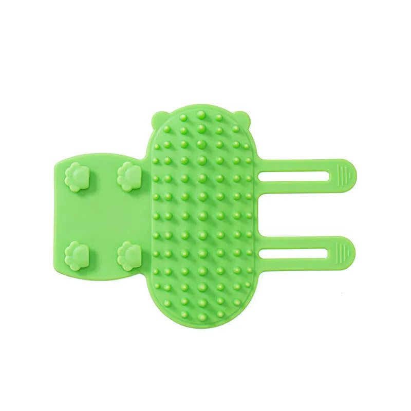 Silicone cat massage comb with rounded teeth and adjustable strap for table legs