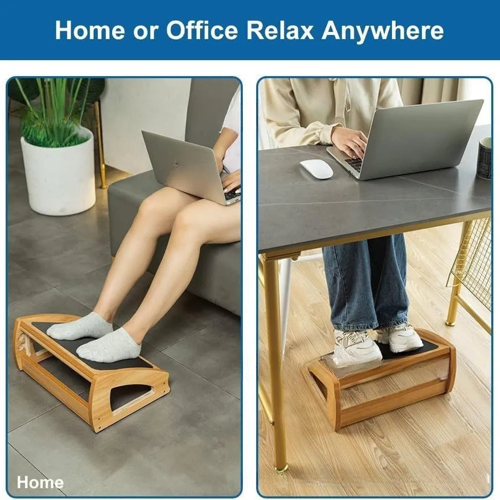 Wooden bamboo office desk footstool in natural wood colour for adult ergonomic support