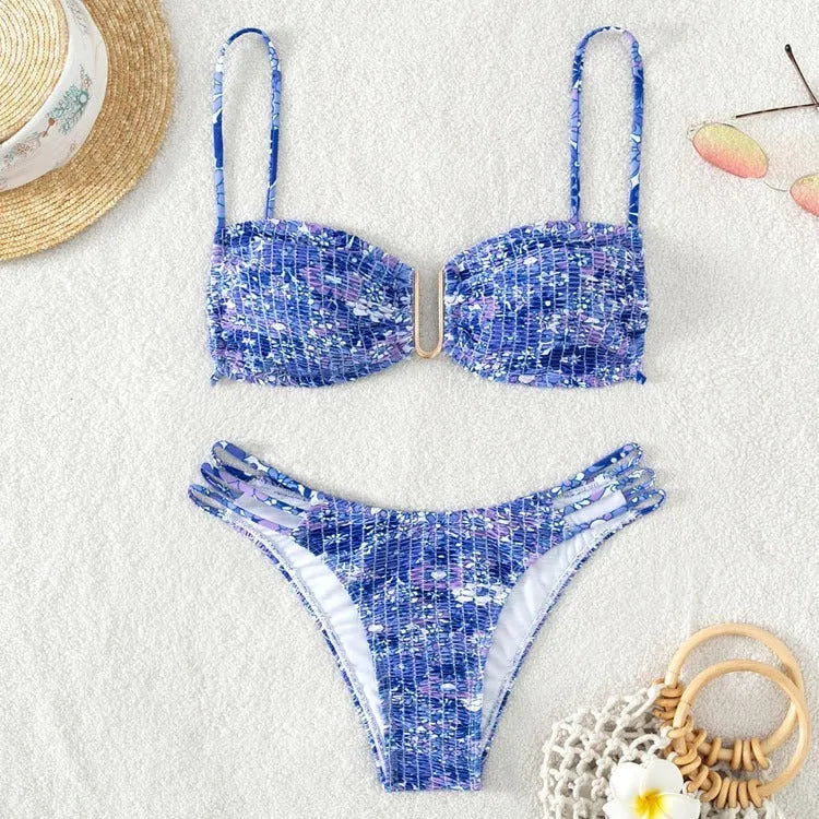 Women's floral bikini swimsuit in orange, blue and rose red colours with nylon lining