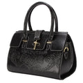 Red vintage women's crossbody leather bag with embossed pattern and multiple internal compartments