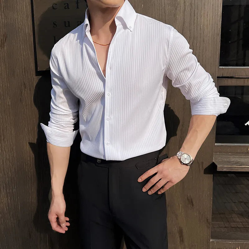 Men's striped long sleeve V-neck casual shirt in a cardigan style, shown in multiple colours.