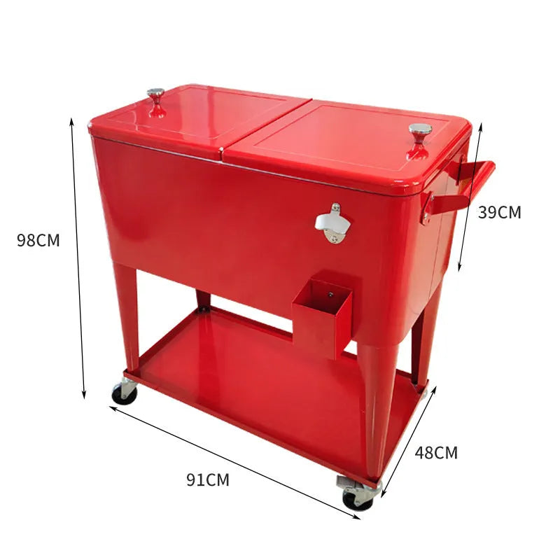 Red metal insulated trolley cart with heat preservation box and ice bucket functionality