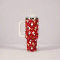 Christmas pattern stainless steel vacuum tumbler 1200 ml with lid, straw and handle on white background