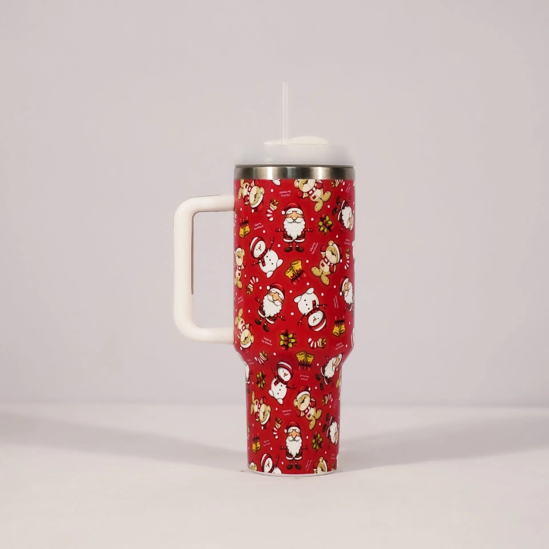 Christmas pattern stainless steel vacuum tumbler 1200 ml with lid, straw and handle on white background