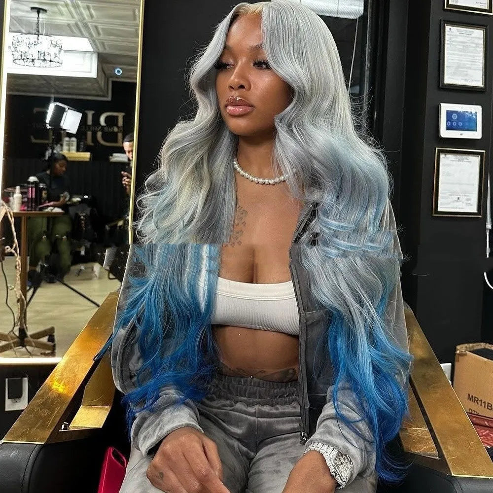 Gradient grey blue human hair lace front wig with 4x4 closure shown at shoulder length