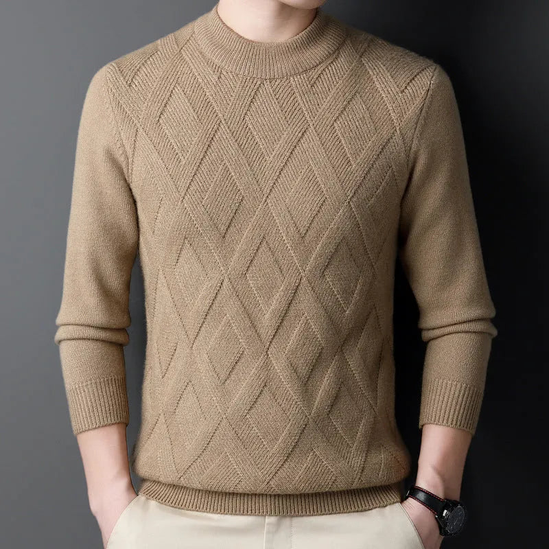 Men's plus size winter thermal pullover sweater with diamond jacquard pattern in light camel colour