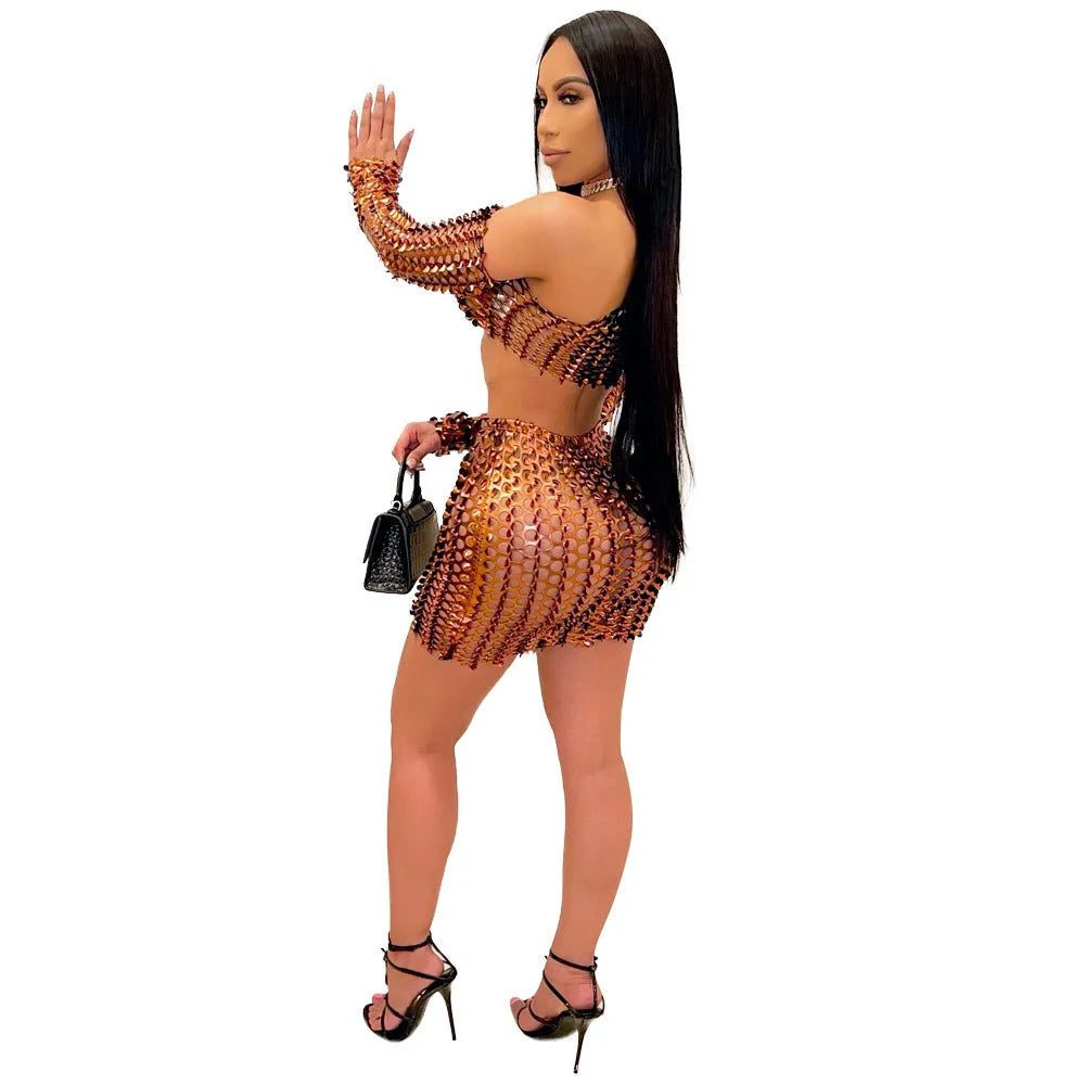 Women's hollow-out net two-piece dress set with sleeveless top and short skirt in European style