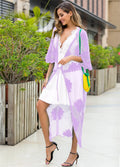 Light purple women's beach cover-up dress with lace embroidery, shown as a longline cardigan.