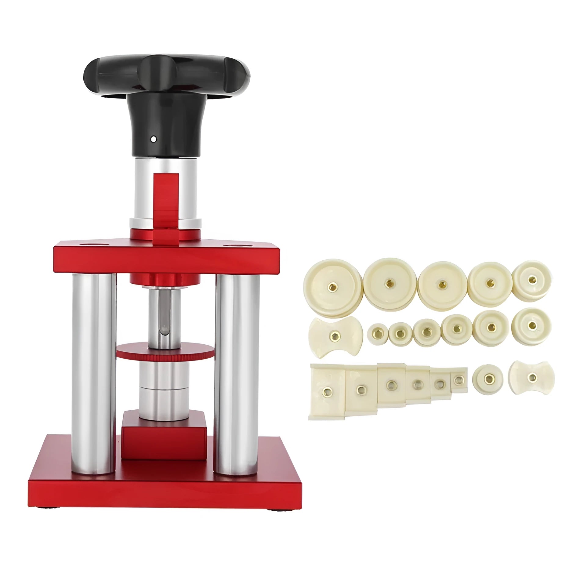 Watch repair spiral cap presser with 20 plastic molds for back cover sealing