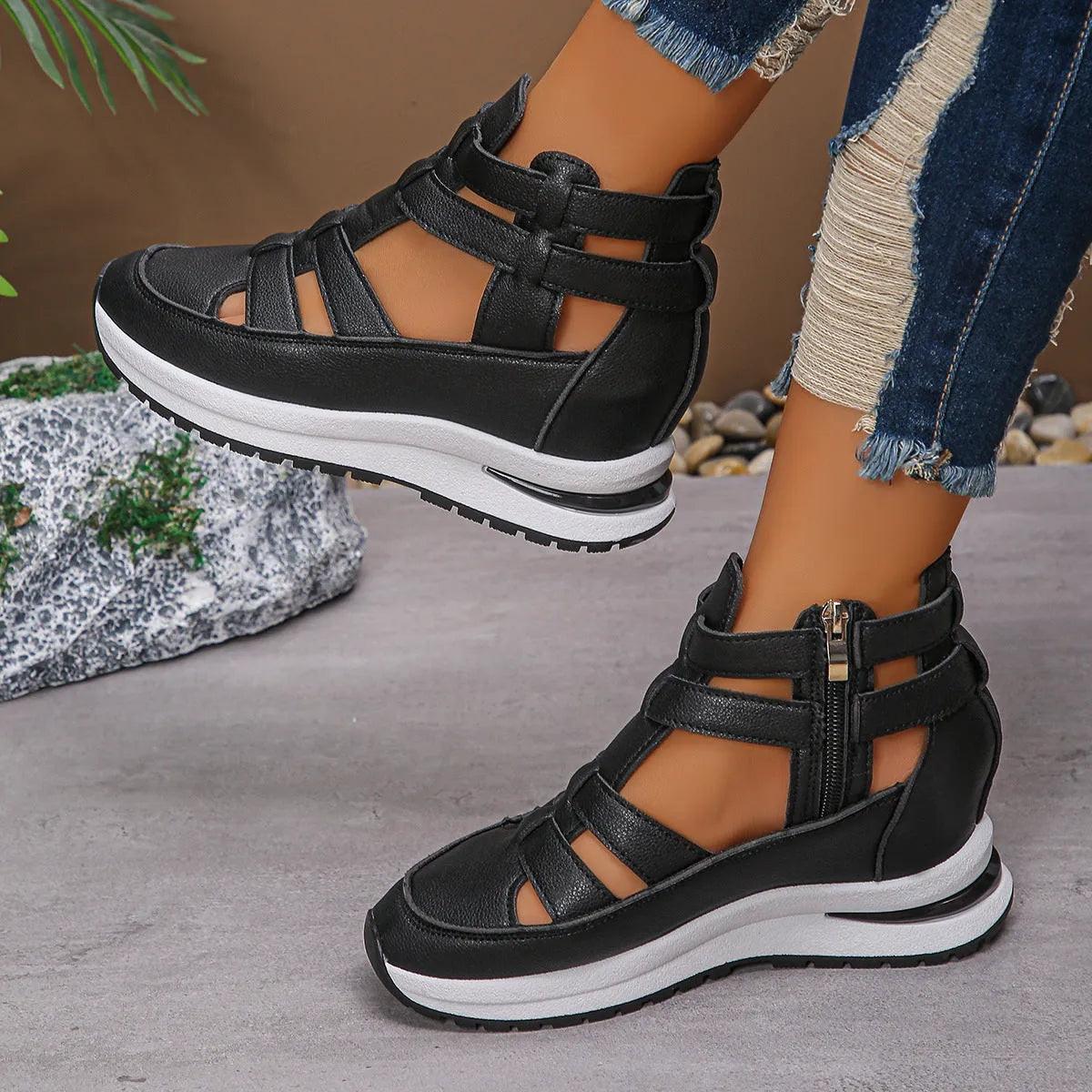 Black women's close-toed platform sandals with hollow-out design and Velcro strap