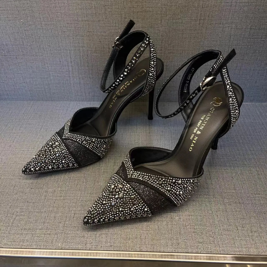 Women's hollow stiletto high heels with red sole and pointed toe design in black and silver options
