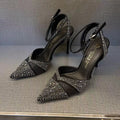 Women's hollow stiletto high heels with red sole and pointed toe design in black and silver options
