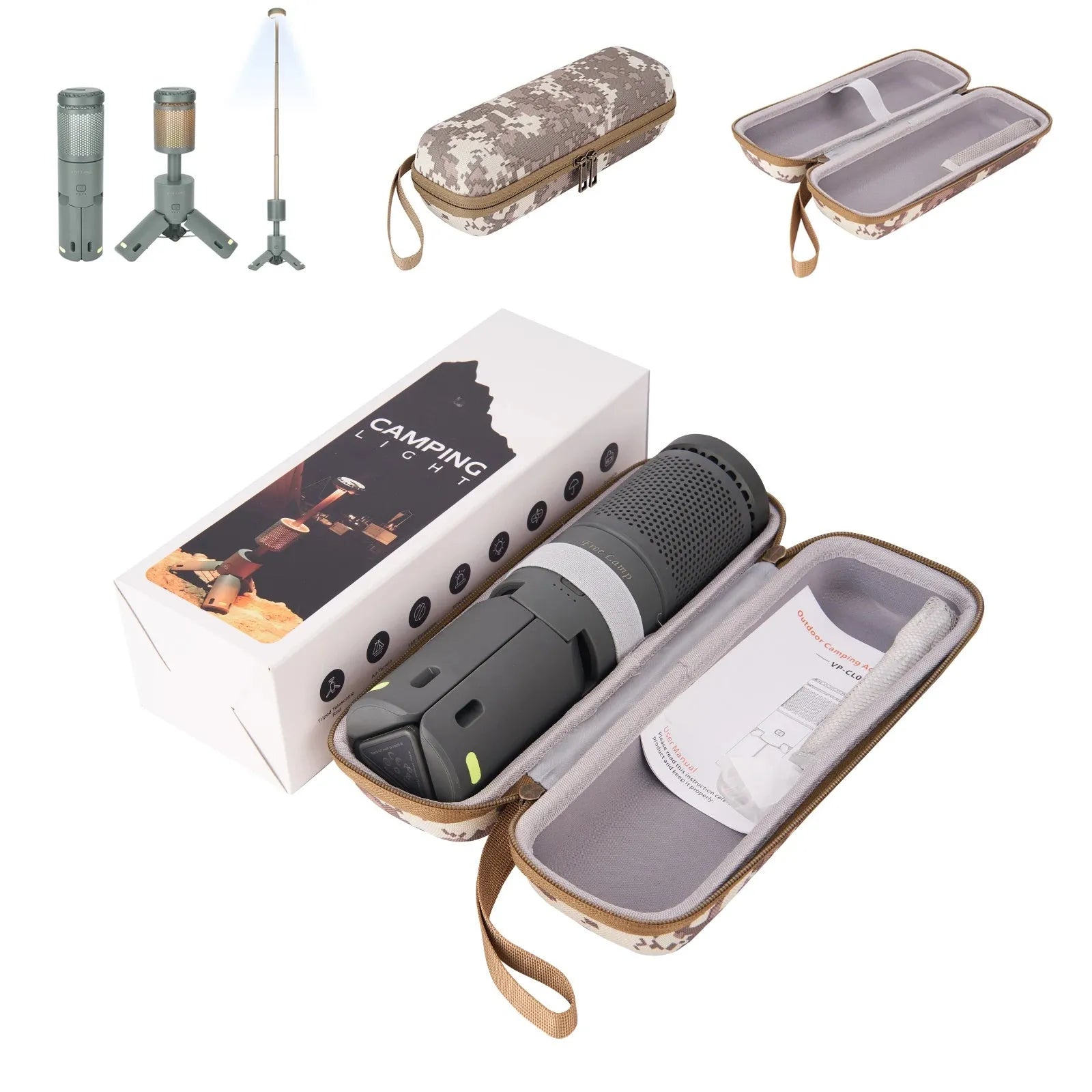 Portable camping LED light with button switch in creamy white and dark grey colour options