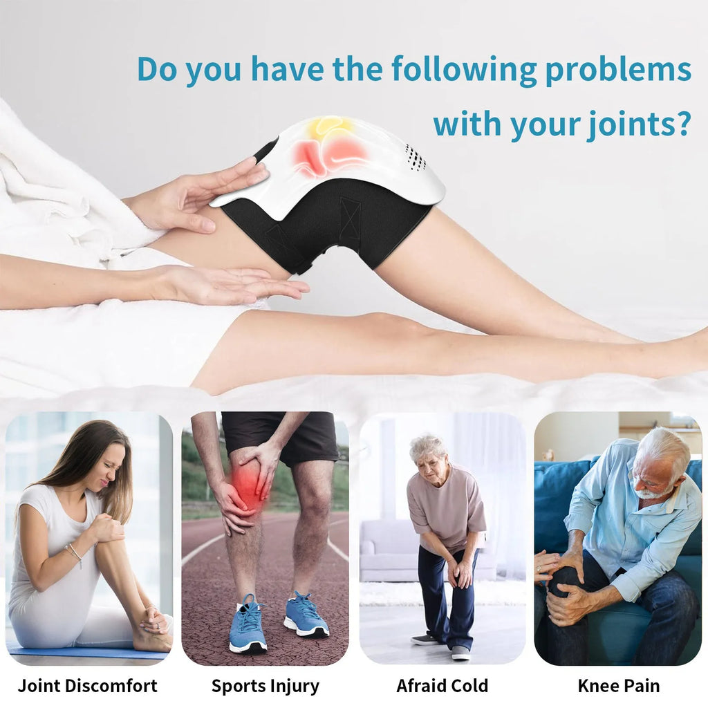 White wearable electric knee massager with straps, showing controls for kneading, heat, and vibration therapy.