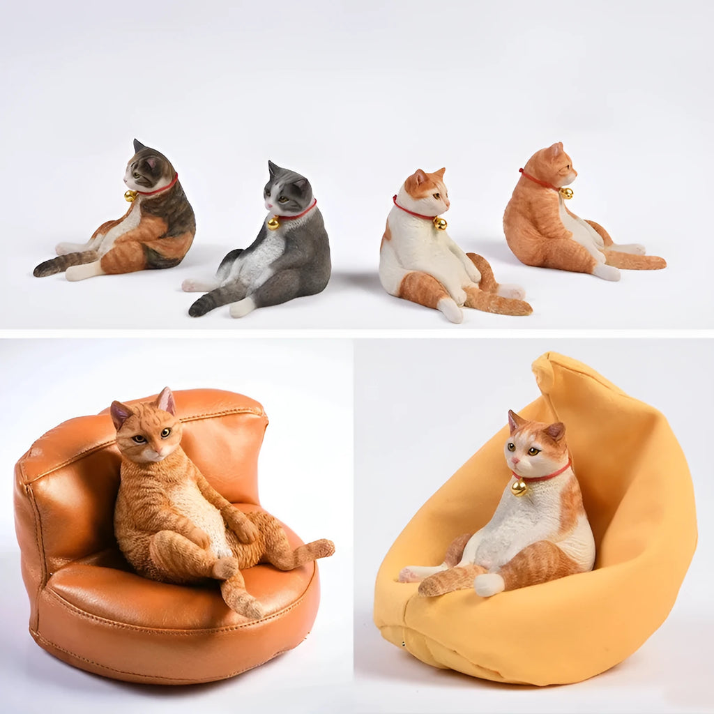 Lazy cat car ornament with sofa, a 7.5cm high resin dashboard decoration figurine.