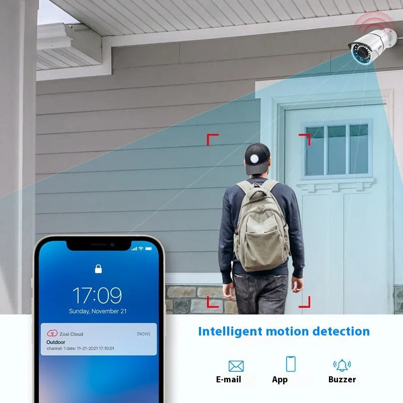 ZOSI 4-channel POE security camera system box with outdoor bullet cameras and network video recorder