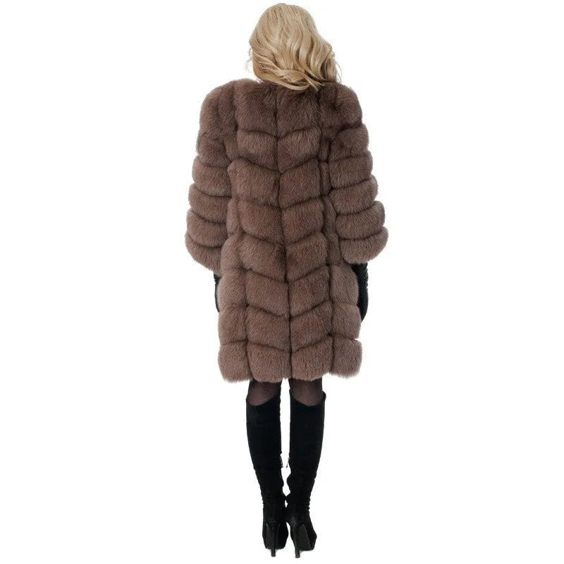 Women's long artificial fur coat in wine red colour, showing regular sleeves and knee-length fit.