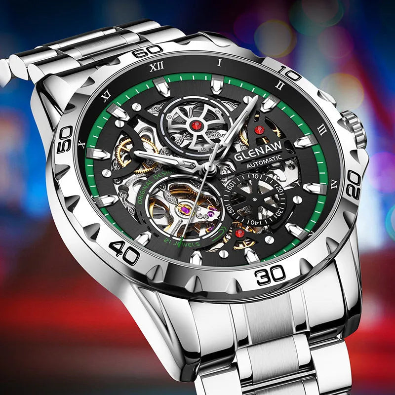 Silver men's automatic watch with hollow-out dial, luminous hands, and stainless steel strap.