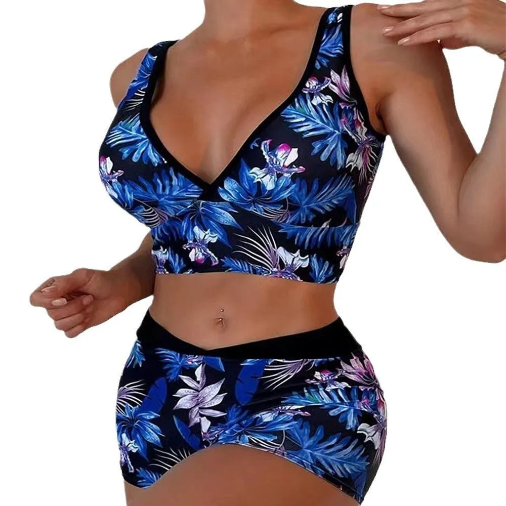 Women's two-piece swimsuit with printed boxer shorts in multi-colour pattern