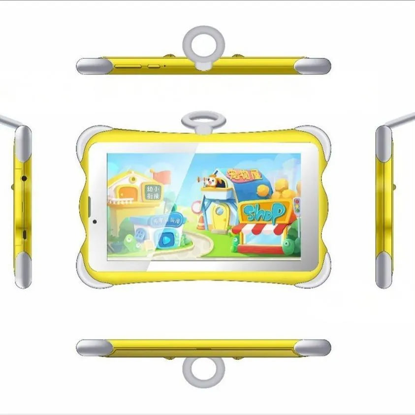 Children's 7-inch learning tablet in cartoon colours with protective stand and charger