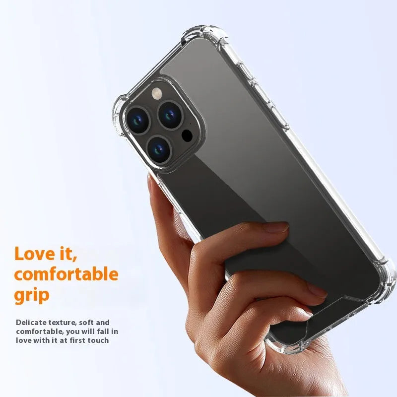 Transparent TPU PC phone case with anti-fingerprint surface and drop-resistant airbag design for iPhone