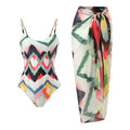 Women's two-piece beach swimsuit set with matching hip skirt in striped pattern