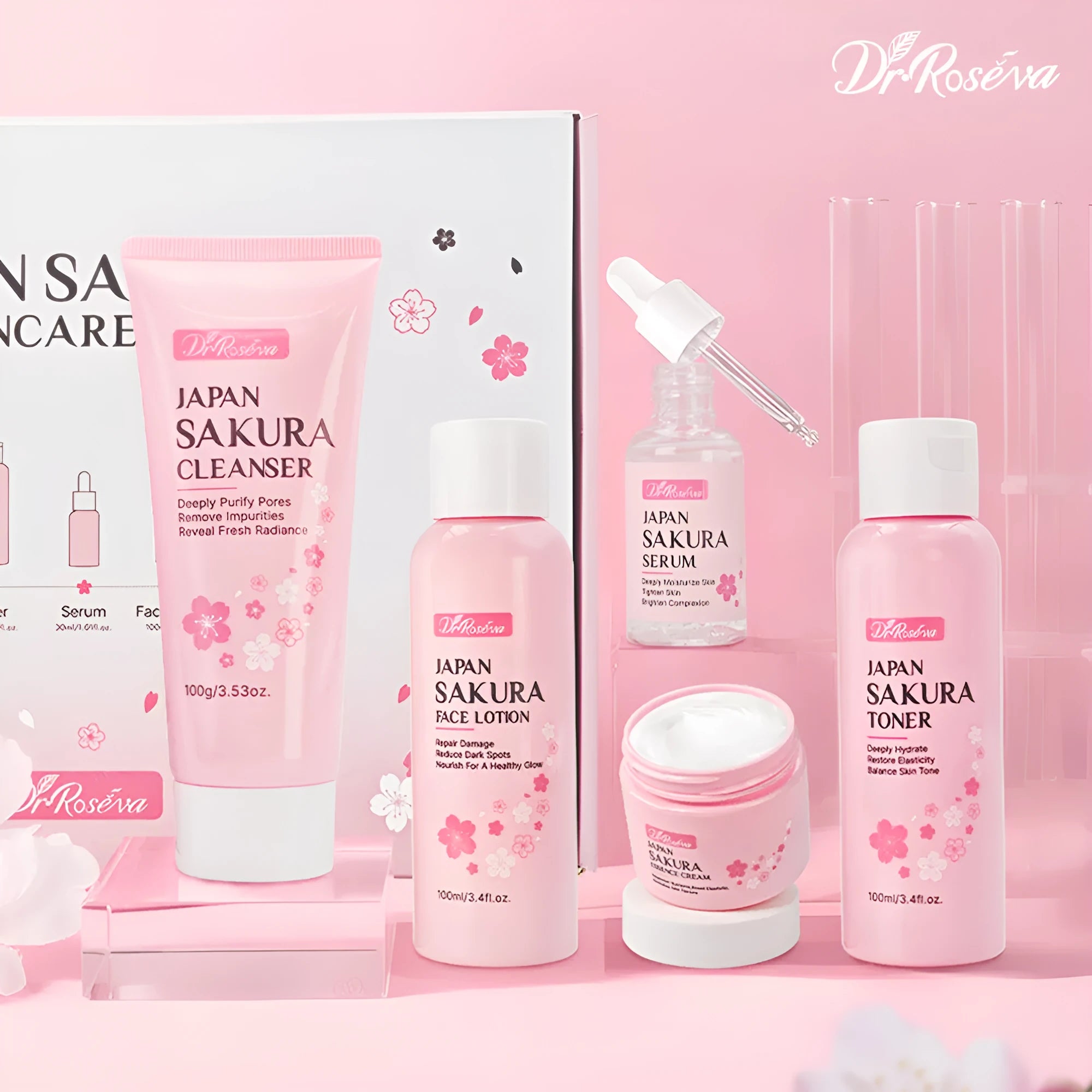 5-piece facial skin care set including whitening moisturising cleanser toner lotion eye cream and serum products
