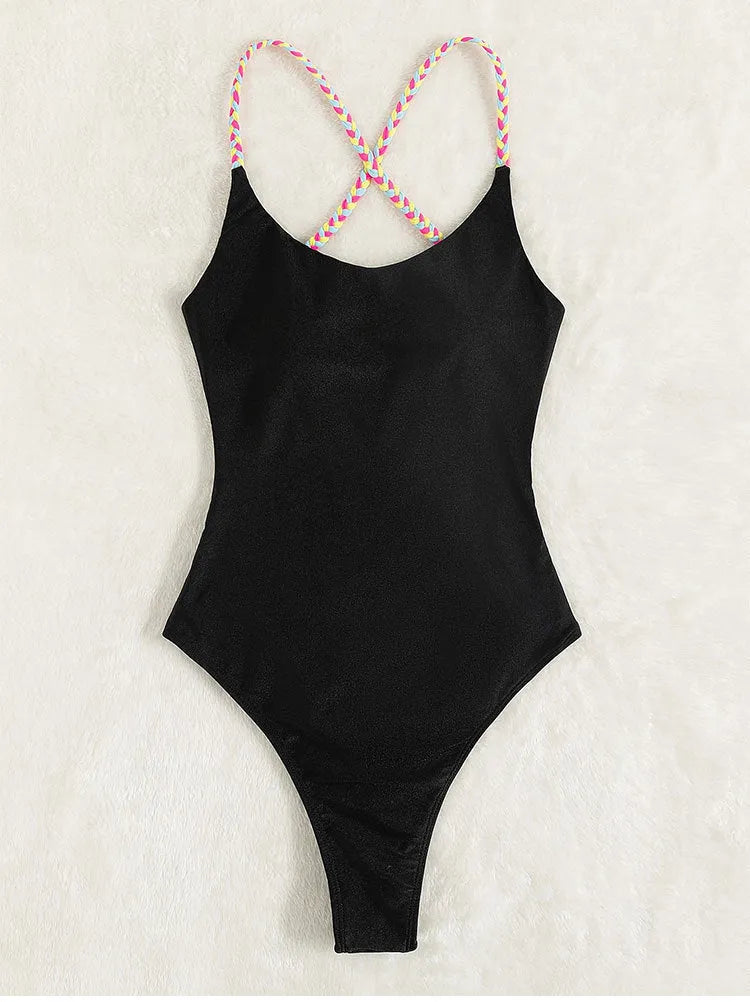 Black solid colour backless one-piece swimsuit for women made of nylon fabric