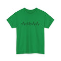 Green casual cotton t-shirt with a creative printed letter pattern on the front, short sleeves.