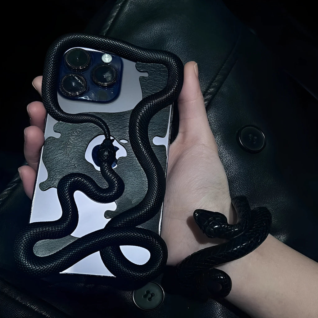 Black tailed snake hollowed decorative phone case for iPhone 16 Pro Max with stone pattern finish