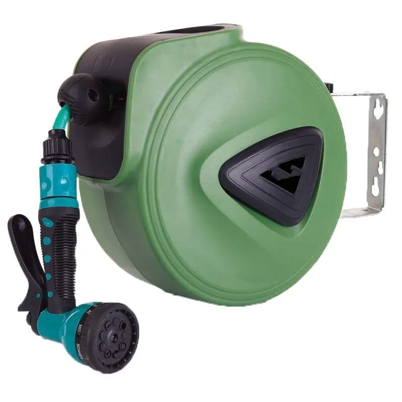 Automatic retractable hose reel with 10 metre PVC water pipe on a compact drum unit.