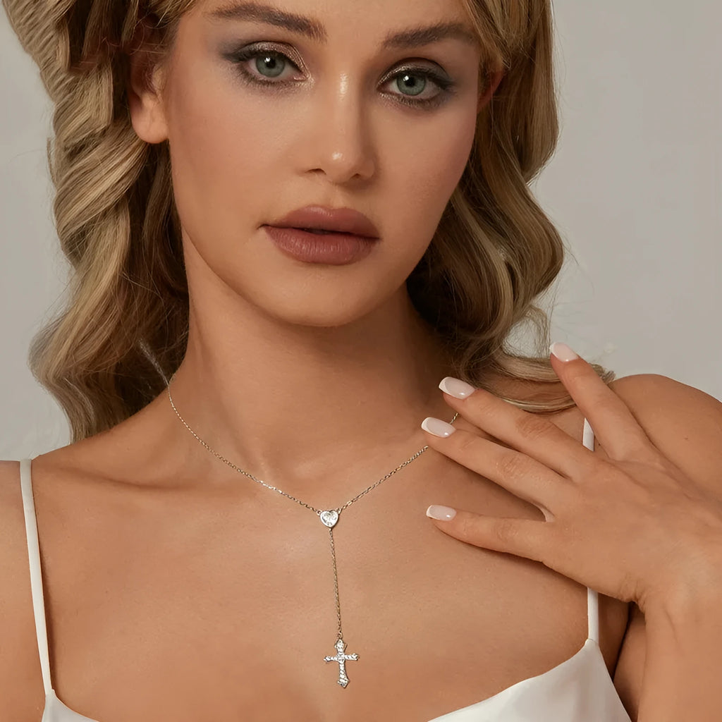 925 silver Love Cross pendant necklace with V-neck design and O-ring chain in BSN384 colour.