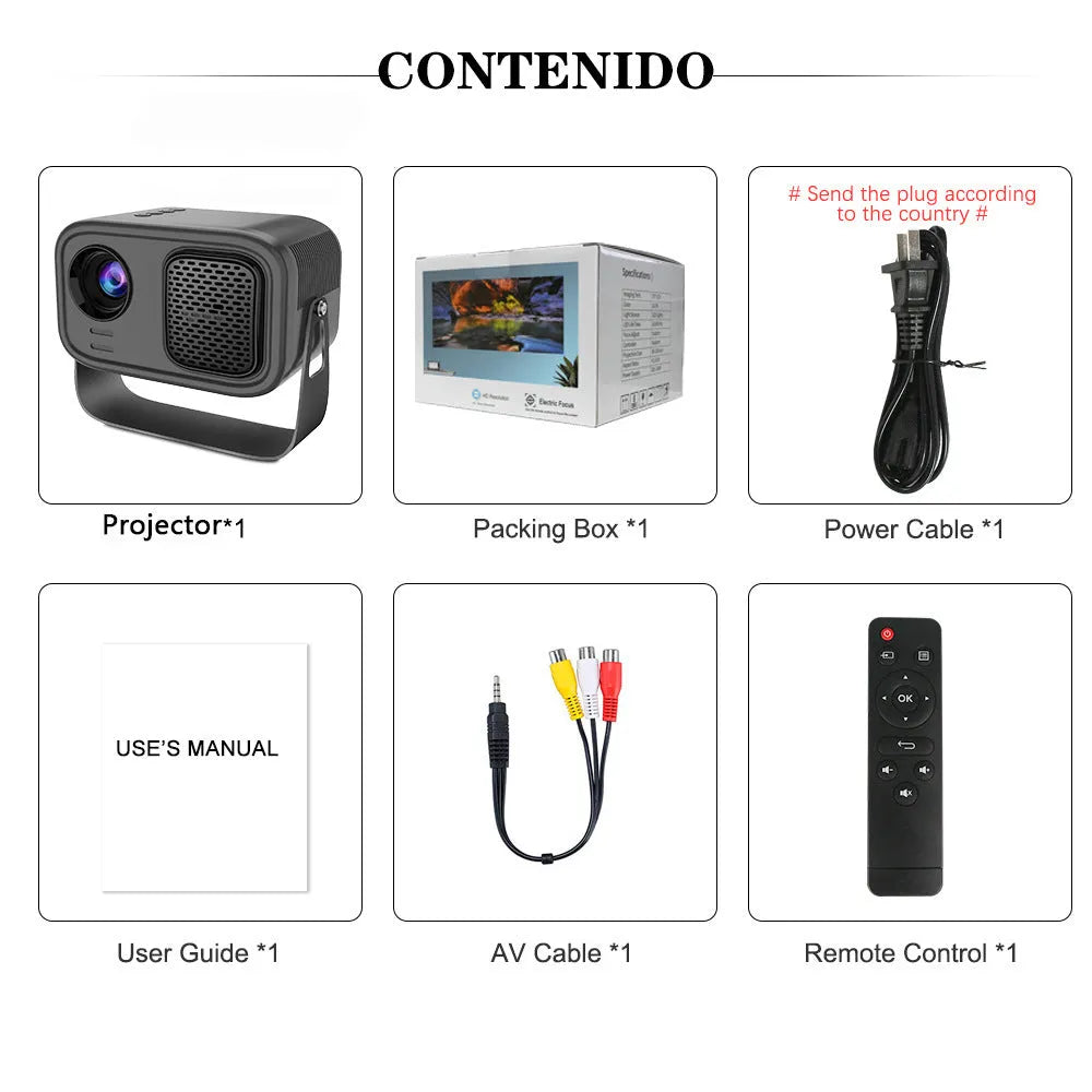 Matte black portable smart HD projector with remote control on wooden surface