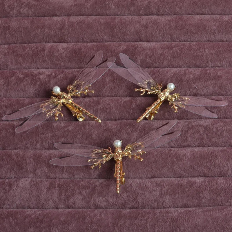 Golden dragonfly side clip headdress with electroplated alloy construction and jucai decoration