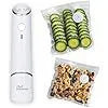 White USB electric suction pump and five 26x28 cm clear plastic vacuum bags for food storage