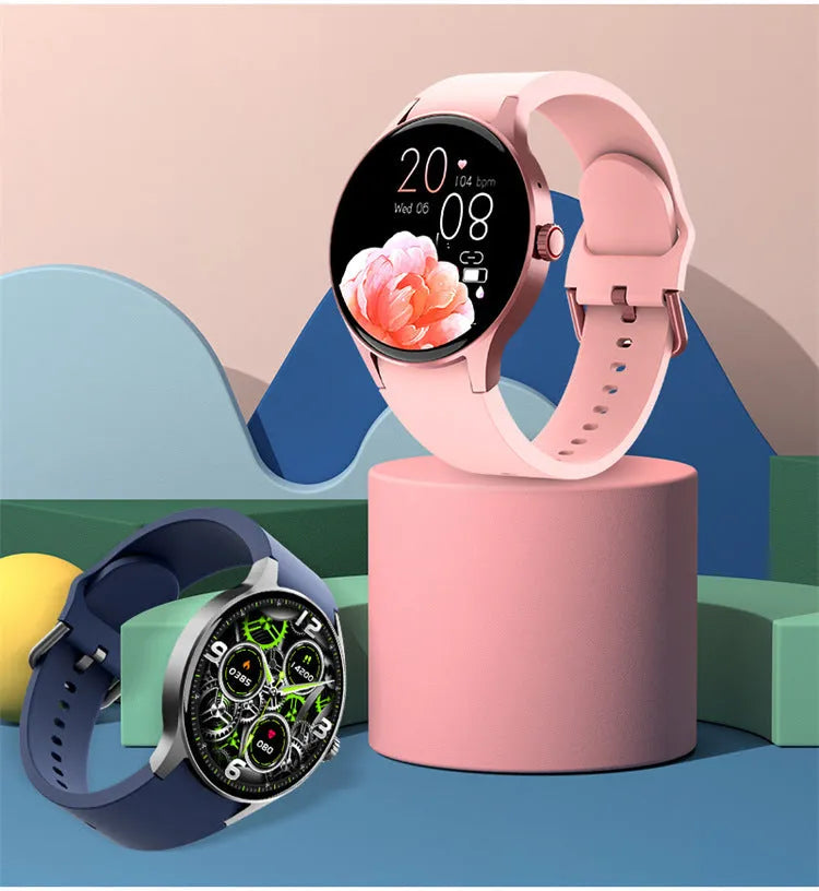Bluetooth smart sport watch with round colour touch screen and IP68 waterproof rating in black, blue, pink, or red