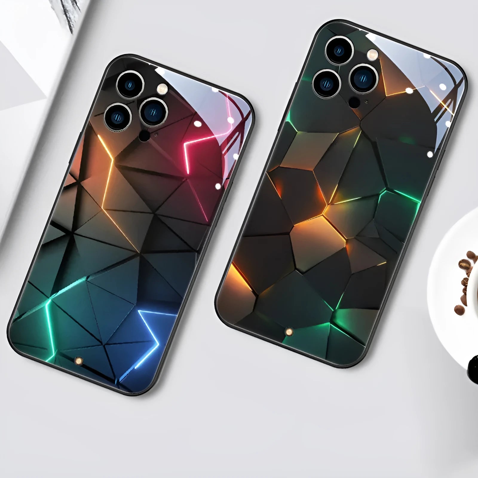 Clear tempered glass iPhone case showing Lightning Rhombus design on a phone.